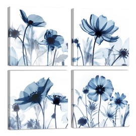 ARTINME Set of 4 Blue Flower Modern Abstract Canvas Wall Art Grace Floral Pictures on Canvas Prints Artwork for Living Room Bedroom Office Home Decorations 12x12 inch (Blue)