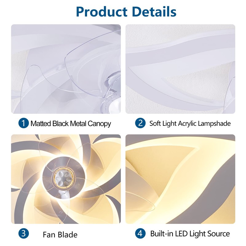 Dalouguan Flush Mount Ceiling Fan with Lights, 24" White ,Remote