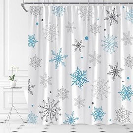 AMFD Christmas Snowflake Shower Curtain Winter Snowy Blue Gray Merry Christmas Holidy Fabric Bathroom Curtain Set with Hooks(70" WX70 H)