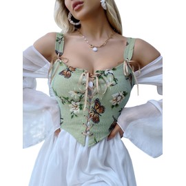 WDIRARA Women's Butterfly Floral Print Corset Lace Up Sleeveless Shapewear Tops Green and White L