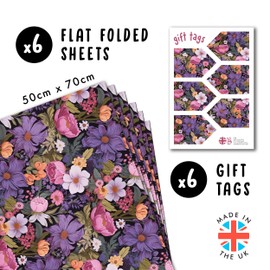 Flowers Spring Wrapping Paper For Women - 6 Sheets Birthday Wrapping Paper - Pink Purple White Yellow Flowers - Wedding Bridal Shower - With Stickers - By Central 23