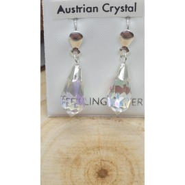 24MM WOMENS Sparkly Rainbow AURORA AB Pear/Teardrop Cut Austrian Crystal Dangly/Dangle Drop Fishhook Earrings - 925 Sterling Silver