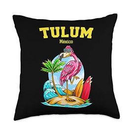 Tulum Mexico Surfing Spots Breaks Tulum Mexico Flamingo Ocean Wave Surfboard Throw Pillow, 18x18, Multicolor
