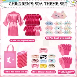Bonuci 50 Pcs Spa Party Supplies for Girls, 10 Satin Robe 10 Kids Slippers Sleepover Birthday Spa Party Favors (9 Rose Red, 1 Pink)