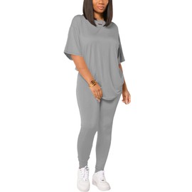 HBQ Women 2 Piece Outfits Summer Sweatsuits Drop Shoulder Tracksuits Biker Short Workout Jogger Sets Grey M