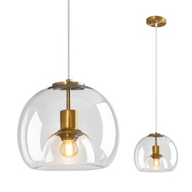 LBSQJ Clear Glass Pendant Lights Kitchen Island Gold Hanging Light Fixture Glass Globe Pendant Light Modern Pendant Lighting for Kitchen Island Bedroom Dining Room (10.03", 1 Pack)