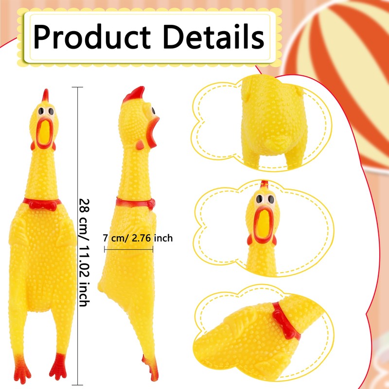 24 Pack 11 Inch Squeeze Rubber Chicken Large Yellow Screaming