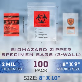 APQ Biohazard Specimen Bags, 8 x 10 Inch. Pack of 100 Clear Zipper Specimen Bags. 3 Wall Polyethylene Specimen Bag. 2 Mils Specimen Biohazard Bag. Biohazard Transport Bag. Biohazard Plastic Bags