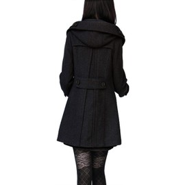 Tanming Women's Warm Double Breasted Wool Pea Coat Trench Coat Jacket with Hood (Black-L)