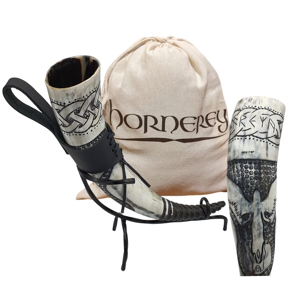 Hornerey Drinking Horn "Freya's Horn", 500 ml Viking Drinking Horn Set with Stand and Belt Holder, Methorn, LARP, Horn, 1 Piece (Pack of 1)