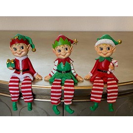 STC World S/3 Happy & Smiling Elves W Dangling Legs Poly W Fabric Christmas Winter Elf Sitter Decoration Collectible Figurine Indoor Ornament 8.5" H