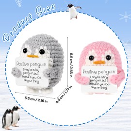 lasuroa Pack of 2 Funny Positive Penguin, 6.5 cm Knitted Penguin Toy with Positive Card, Positive Potatoes, Crochet Penguin for Family, Friends, Home Decoration (Grey, Pink)