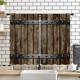 Miyotaa Barn Door Wooden Kitchen Curtains 2 Panels 27.5W x 39H Rod Pocket Wood Rustic Farm Farmhouse Country Retro Rustic Western Brown Polyester Small Short Window Drapery Treatment Cafe