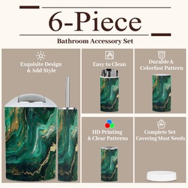 6 Piece Bathroom Accessories Set Green Marble Abstract Acrylic Marbling Artwork Texture Agate Ripple Trash can Toilet Brush Holder Toothbrush Holder Toothbrush Cup Soap Dispenser Soap Dish for Home