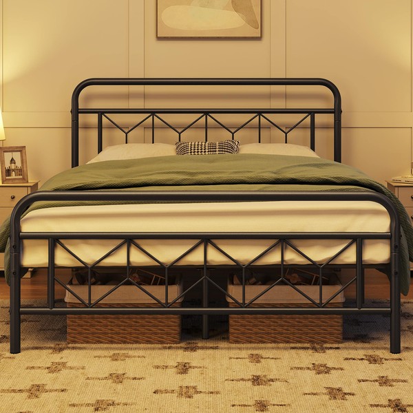 Topeakmart Queen Bed Frames Metal Platform Bed with Vintage Style Headboard/Mattress Foundation/No Box Spring Needed/Under Bed Storage/Strong Slat Support Black Queen Bed