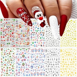 10 Sheets Christmas Nail Stickers Self-Adhesive Design Acrylic Nail Art Supplies 3D Santa Claus Nail Stickers Gold Silver Snowflake Nail Decals for Women DIY Manicure Tips Xmas Nail Decoration Charms