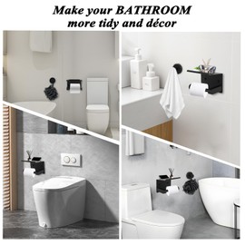 Toilet Paper Holder, Single Hook & Loofah Bath Sponge Set | Durable Rustproof Waterproof Scratch-Resistant Self-Adhesive or Screw Mounting Paper Towel Holder/Bathroom Organizer (Black)