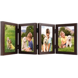 HGQiviut 4 Folding Wooden Hinged Picture Frames, 4x6 Inch Foldable Photo Frame with High Definition Glass, 4 Opening Photo Frames for Desktop Birthday Gifts Anniversary, Brown