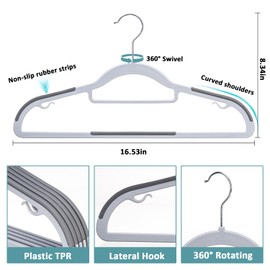 LMTrystFit 50-Pack Plastic Clothes Hangers, Space Saver, Non Slip, 360° Swivel Hook, 0.2 Inches Slim, Sturdy Heavy Duty Coat, Durable Hangers for Suits, Light and Dark Gray