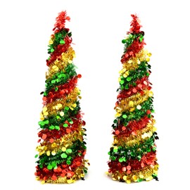 2 Set Pop Up Christmas Tree, 4FT Collapsible Artificial Tree Pencil Christmas Tree Fake Xmas Trees for Indoor, Outdoor, Apartment, Party Decorations and Home Decor (Red Green Gold)