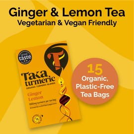 Taka Turmeric, 1 pack (15 Teabags) Organic Lemon and Ginger Tea Bags with Turmeric & Black Peppercorns, Turmeric Tea, Caffeine Free Fruit Tea, Detox Tea, No Added Flavourings, Recyclable Packaging