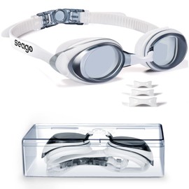 Seago Gafas de natación de miopía, gafas de natación antivaho, protección UV, ajuste para adultos, hombres, mujeres, jóvenes, jóvenes, sin fugas, visión clara, gafas de natación tintadas con lente plana con 3 piezas de nariz
