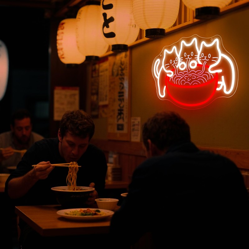 Ramen Cat Neon Sign for Wall Decor Dimmable Ramen Noodles