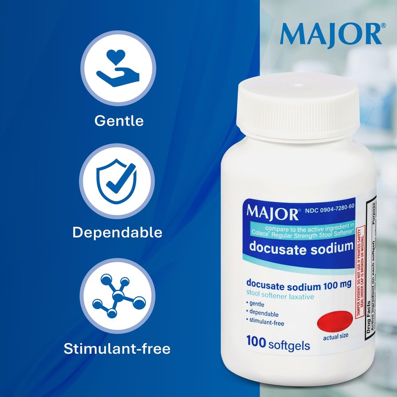 MAJOR Docusate Sodium 100mg Softgels, Stool Softener Laxative for Occasional