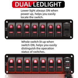 FXC 12V 24V DC 7 Gang Rocker Switch Aluminum Panel with Voltmeter & Dual USB(4.8 A) Fast Charging, Red Backlit Led, Pre-Wired Waterproof for Marine, Boat, Car, Truck, Polaris, Jeep (Red)