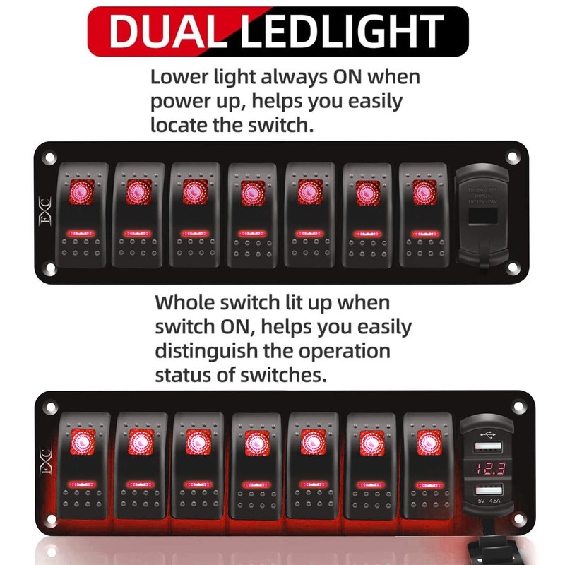 FXC 12V 24V DC 7 Gang Rocker Switch Aluminum Panel