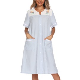YOZLY Women Embroidered House Dress Short Sleeve Housecoat with Front Pockets Light Blue, X-Large