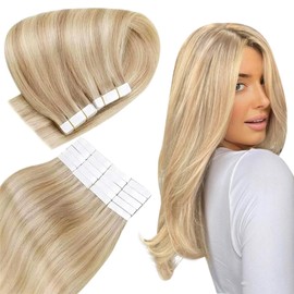 Easyouth Balayage Hair Extensions Tape Real Hair Tape Extension Real Hair Balayage Colour Honey Blonde Mix Yellow Blonde 22 Inches 50 g Extensions Tape-In Real Hair #27P613
