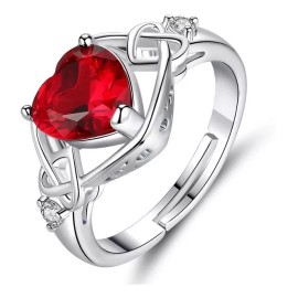 Dtup Anillo Compromiso Corazón Rojo Rubí Plata S925 Promesa Amor