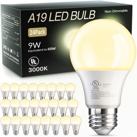 TJOY 24 Pack A19 LED Light Bulbs Warm White 3000K, 60 Watt Equivalent, Efficient 9W, E26 Standard Base, Non Dimmable Energy Saving Warm Light Lamp Bulb, 800LM, 120V, for Home, Bedroom, Living Room