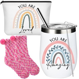 Sieral Inspirational Gift Set for Women 12Oz Wine Tumbler Gift Set Including Cosmetic Bag Fuzzy Socks Thank You Gift for Assistant Secretary Teacher Nurse Employee Grad Gift for Student(Rainbow)