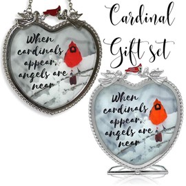 Memorial Cardinal Suncatcher Candle Holder Gift Set - When Cardinals Appear Angels are Near Saying - Heart Shaped Glass Sun Catcher and Tealight Holder with Cardinals and Winter Scene