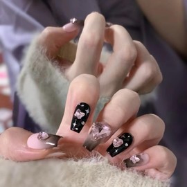 MAOLEETO 3D Squoval Press on Nails, Short Ladder Fake Nails Pink Rhinestones False Nails Middle Pink Press on Nails for Women Girls Nail Art Decoration - Middle