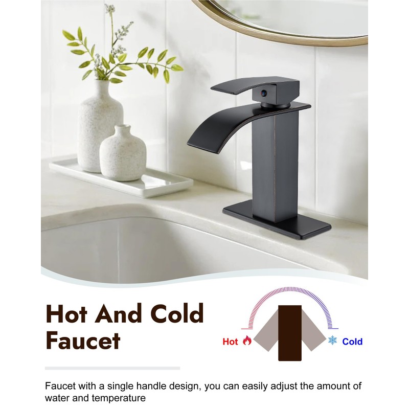 Midanya Bathroom Faucet with Waterfall Spout, Single Hole or 3-Hole