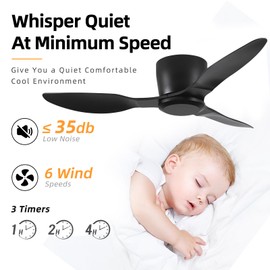 Duclsaty 40 Inch Black Ceiling Fans No Light, Flush Mount Ceiling Fan 3 Blade 6-Speed Modern Timer with Remote Control, Noiseless Reversible Ceiling Fan for Living Room Bedroom,DC Motor