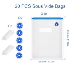 Sous Vide Bags Reusable 27Pcs, BPA Free Vacuum Sealer Bag, Vacuum Food Storage Bag for Sous Vide Cooking/Microwave Heating - 20Pcs Vacuum Zipper Bags & 2 Seal Clips & 5 Air Valves (11 * 10in) 2.9L