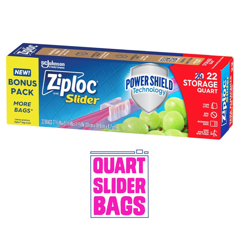 Ziploc Quart Food Storage Slider Bags, Durable, 22 Count
