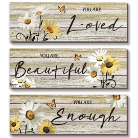 ONIZHITY 3 Pcs Yellow Bathroom Decor Yellow Daisy Floral Wooden Wall Decor Positive Quotes You Are Beautiful Wall Art Inspirational Girl Bedroom Decor for Teacher Women Living Room(yellow Daisy 12x4)