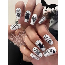 Goth Press on Nails Halloween Fake Nails Black and White Acrylic Nails Long Coffin False Nails with Cute Skeleton Spider Design Glossy Acrylic Nails Full Cover Stick on Nails for Women Girls 24Pcs