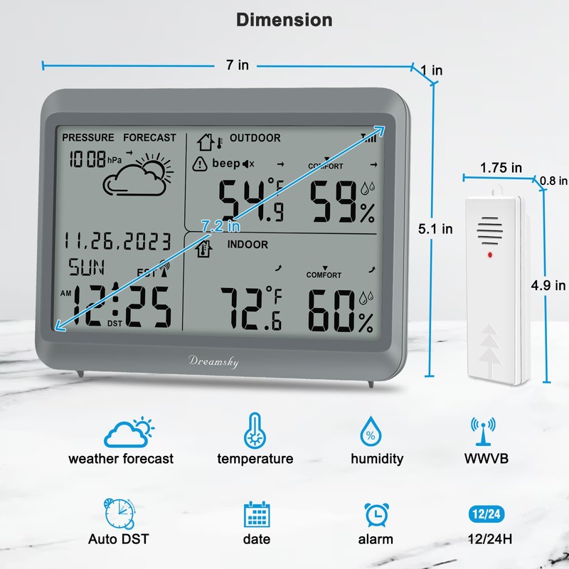 DreamSky Weather Station Indoor Outdoor Thermometer Wireless - Atomic Clock