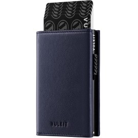 VULKIT Card Holder Wallet with Coin Pocket Magnetic Closure Pop Up Cards With ID Window Leather Wallet for Cash & Credit Cards, Top Grain Cowhide - Navy, One Size, Minimalist