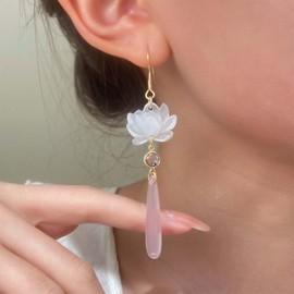 Cybche Vintage Lotus Flower Dangle Earrings Pink Floral Drop Earrings Long Tear Earring Acrylic Water Drop Earring Water Lily Jewellery for Women
