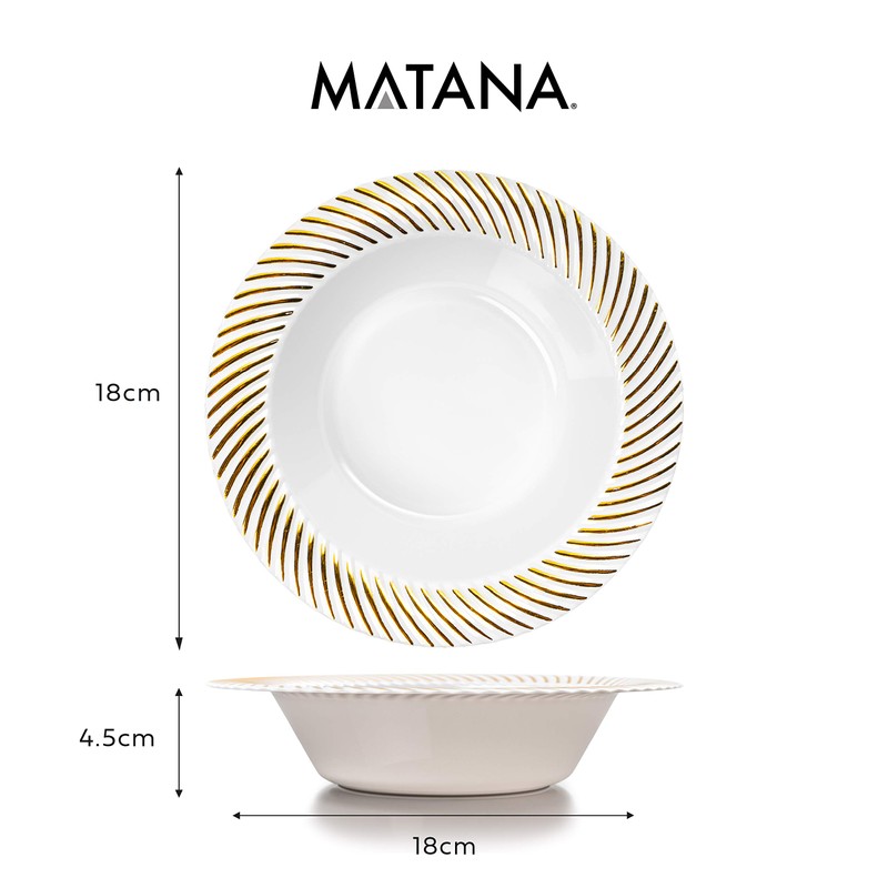MATANA 20 White Plastic Bowls with Gold Rim, Soup Plates,