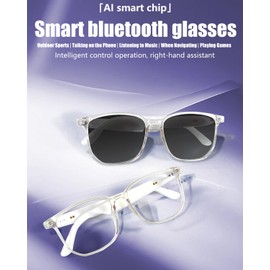 Intelligent Audio Sunglasses for Men Women with Microphone Speaker Wireless Bluetooth Smart Sun Glasses Polarised Lenses Audio Function with Headphones, White Transparent