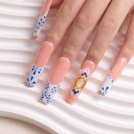 LOVFUL Press on Nails Porcelain Blue| Handmade with Full Covered Crystals| Reusable Fake Nails| Square Mid length 1.7in| H273-M
