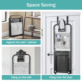 Over The Door Ironing Board 13x36 inches with Iron Holder and Pocket Storage Bag, Hanging Iron Board for Home Laundry Room, Black